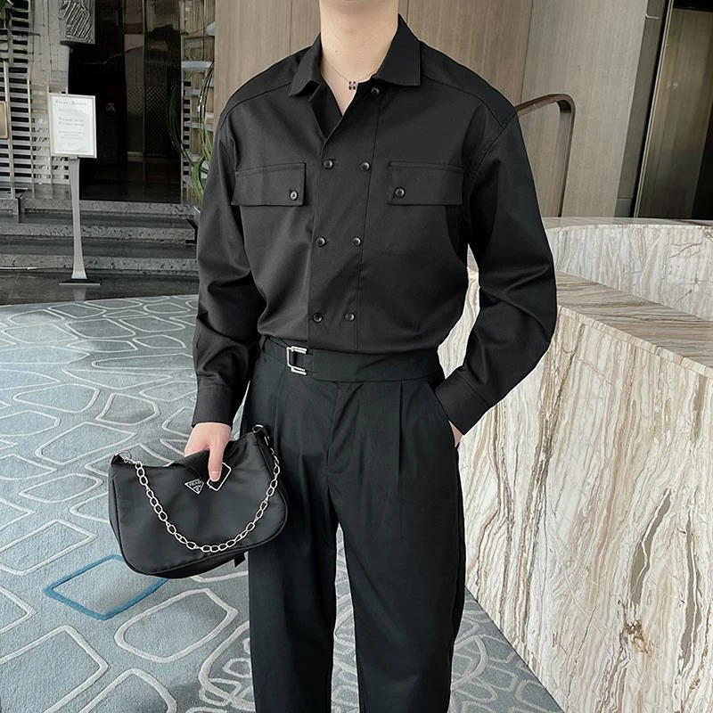 

Рубашка мужская с длинным рукавом, удобная блузка в Корейском стиле, Повседневная Свободная двубортная деловая формальная офисная и свадеб...