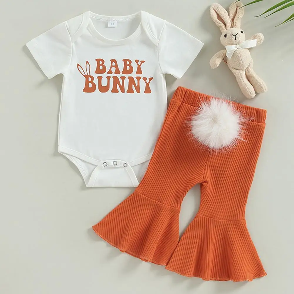 

Baby Girls Letter Short Sleeve Bodysuit Bell Pants Suit Easter Infant Clothes Summer Fashion Casual Romper Toddler Kids Outfits