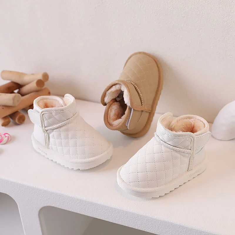 

Girls' Snow Boots, Winter Children's Cotton Shoes, Leather Surface Waterproof and Anti Slip Short Boots, Plush Children's Shoes