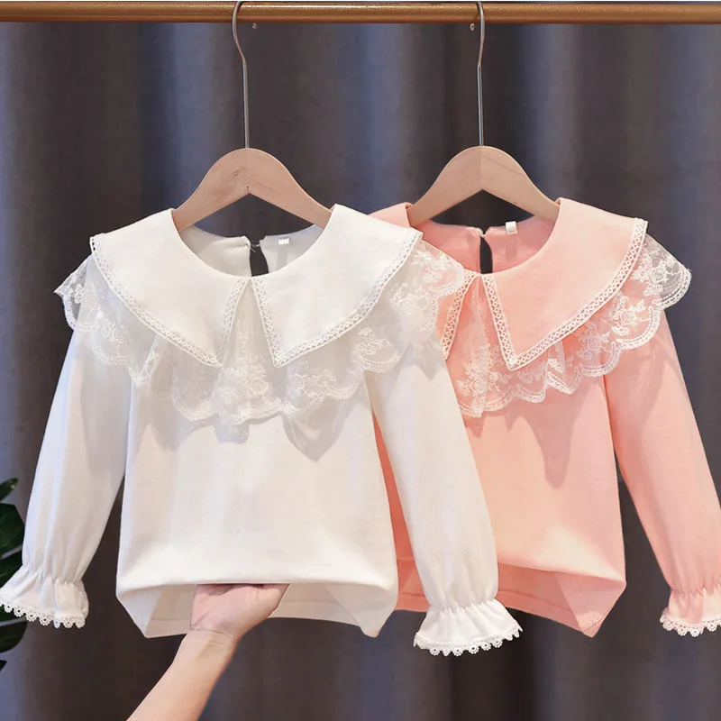 

Spring Autumn Long Sleeve Shirt For Girls New Fashion Korean Style Lace Lapel Kids Girls Blouses Top 3-10 Year Children Clothing