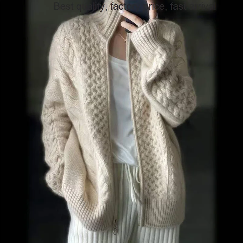 

High quality luxury brand 22 Autumn Thick Turtleneck Cashmere Knitted Cardigans Runway Women Fashion Twist Long Sleeve Sweater J