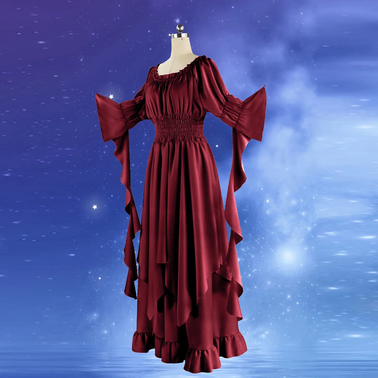 

Halloween Costume Witch Dresses For Women Solid Color Trumpet Sleeve Dresses Retro Gothic Dress Cosplay Prom Dress