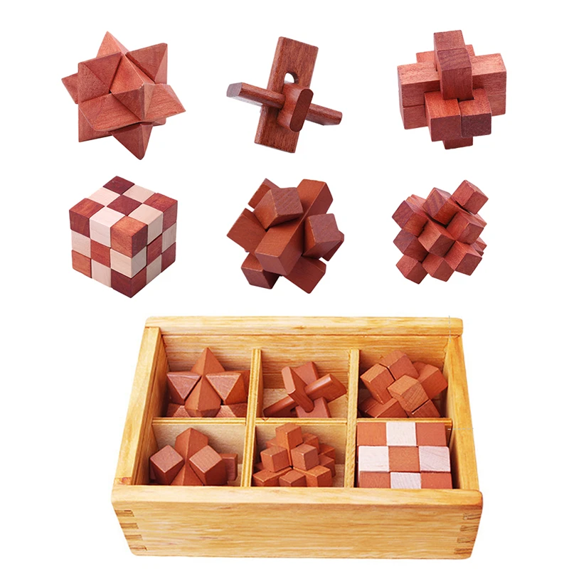 

6 Pcs/Set Creative 3D Wooden Cube Puzzle Kong Ming Luban Lock Kids Interlocking Educational Toys Children IQ Brain Teaser Gifts