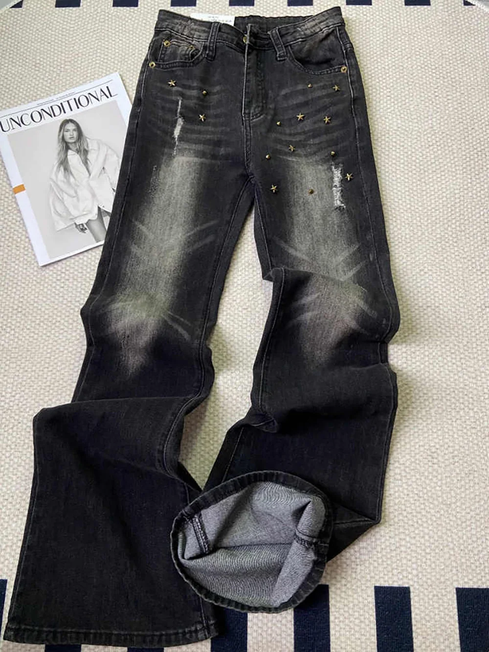 Большие черные серые рваные джинсы для женщин весенне-осенние расклешенные