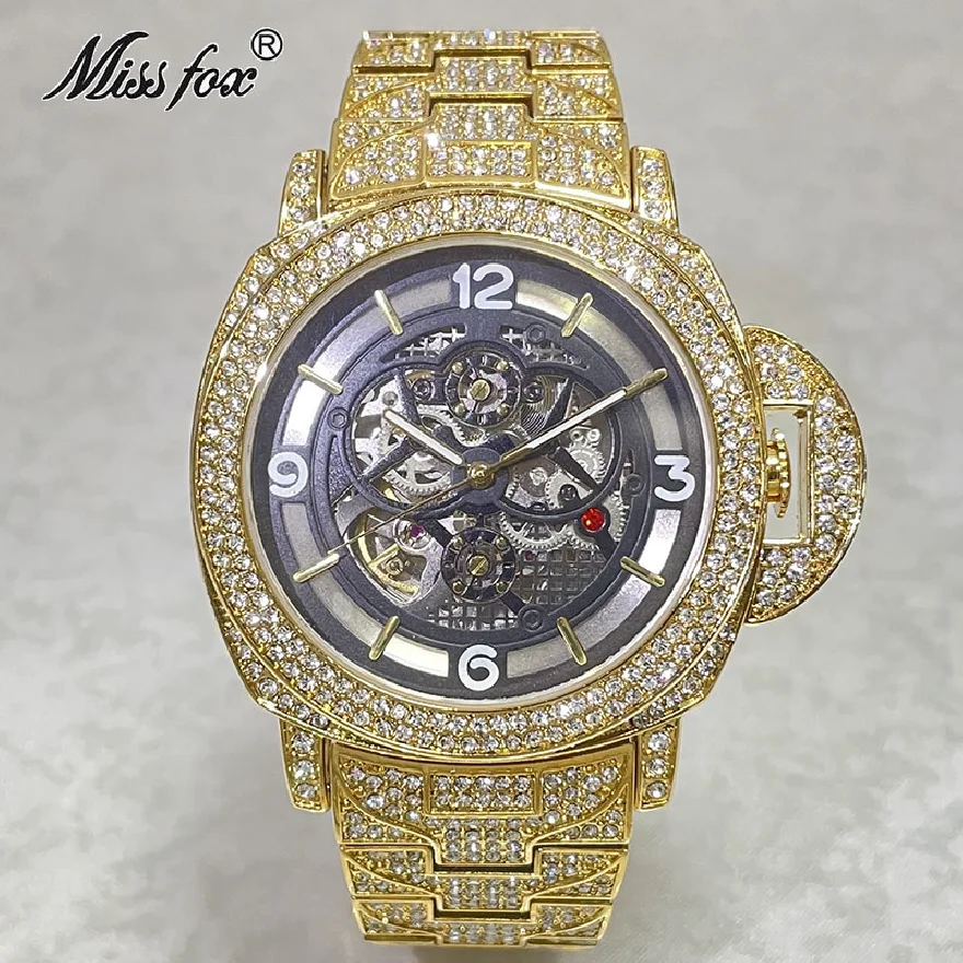 

Hip Hop Brand MISSFOX Fashion Automatic Machinery Men Watch Luxury 18K Gold Iced Out Diamond Wristwatch Full Steel Clocks Reloj