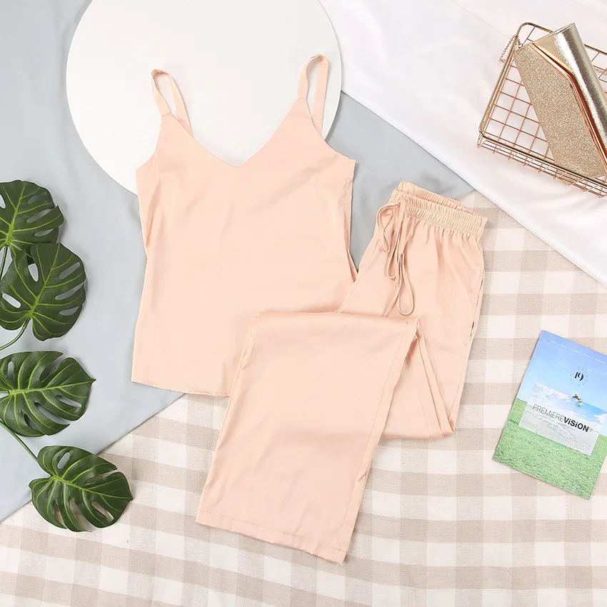 Pink Silk Pajamas Sets Womens Outfits Sleepwear 2 Piece Sets Womens Outfits Two Piece Set Sexy Sleepwear