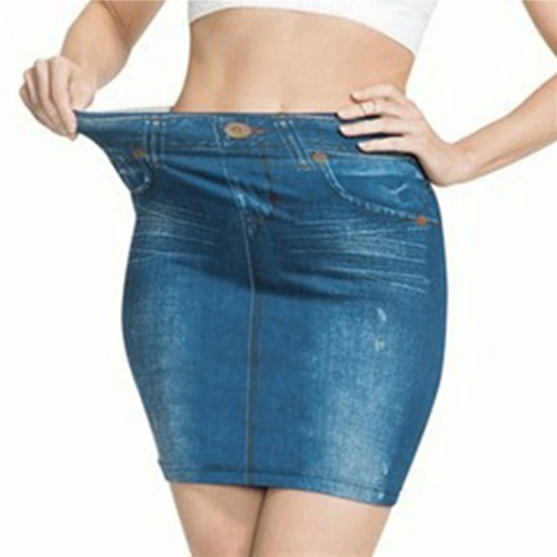

Women Faux Denim Skirt Fashion Print Seamless Jean Skirts Short Slim High Waist Elastic Polckets Female Mini Dress