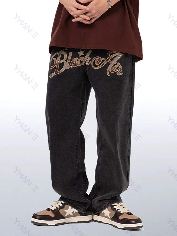 

Four Seasons Loose Jeans American Street Print Letter Star Print Men's and Women's Hip-Hop High Street Loose Casual Pants Denim