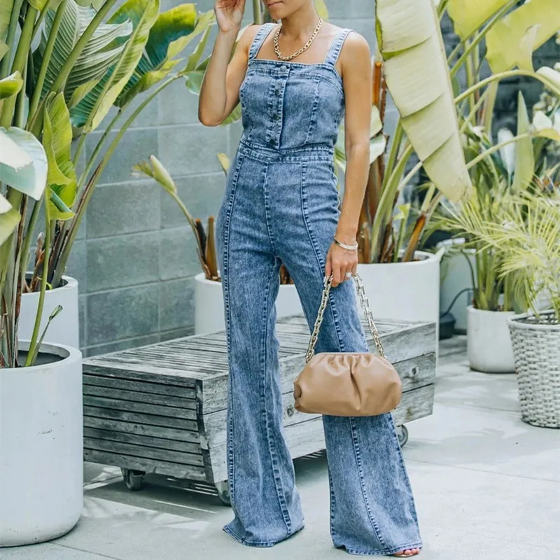 Summer Denim Overalls Jumpsuits Women 2023 New Casual Single Breasted Wide Leg Pants Ladies High Waist Sling Jumpsuit