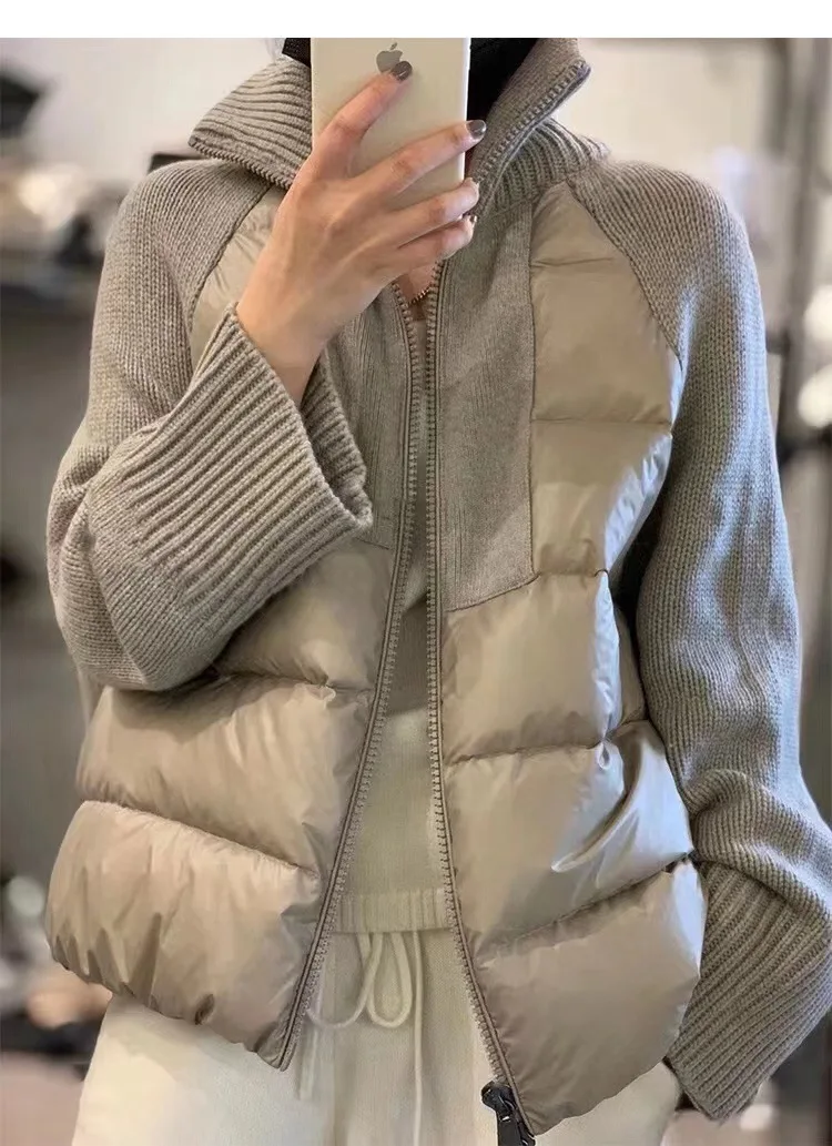 2022 Autumn and Winter New Stitching Cashmere Sweater Short Section Zipper Down Cotton Jacket Female Warm Windproof