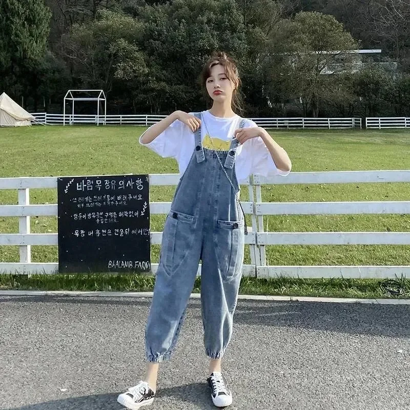2022 Rompers New Denim Pant Women's Spring And Autumn Loose Beam Leg Ankle Length Wide Leg Pants Trend Jeans Lady  Overalls