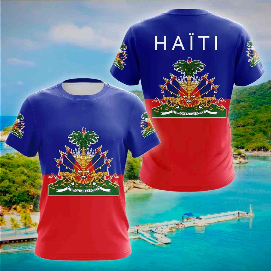 

Футболка Мужская/женская с эмблемой страны, забавная Повседневная рубашка с коротким рукавом, с рисунком герба Карибского моря, острова Гаити, Ретро стиль, уличная одежда