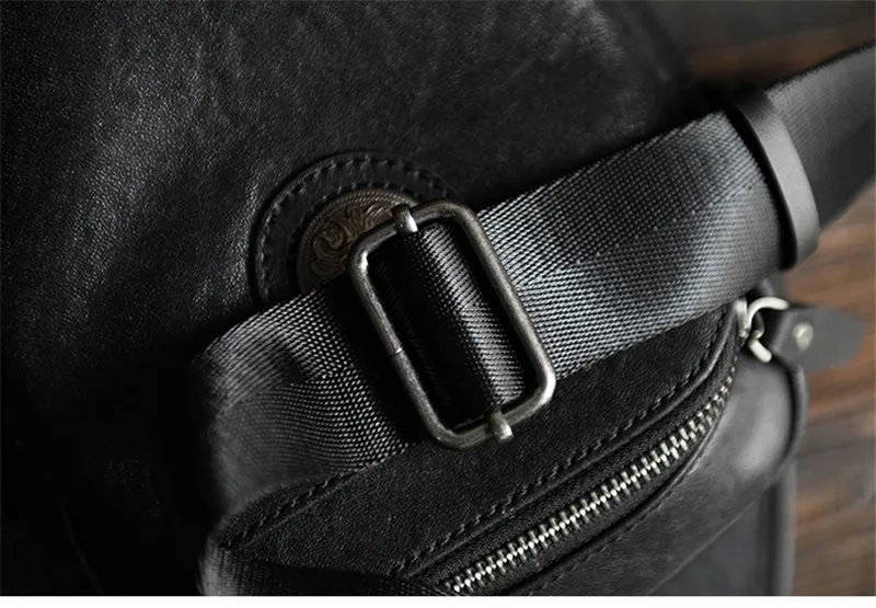 Simple and casual Top layer Cowhide black chest bag  youth daily outdoor sports hand-designed real leather diagonal bag for men