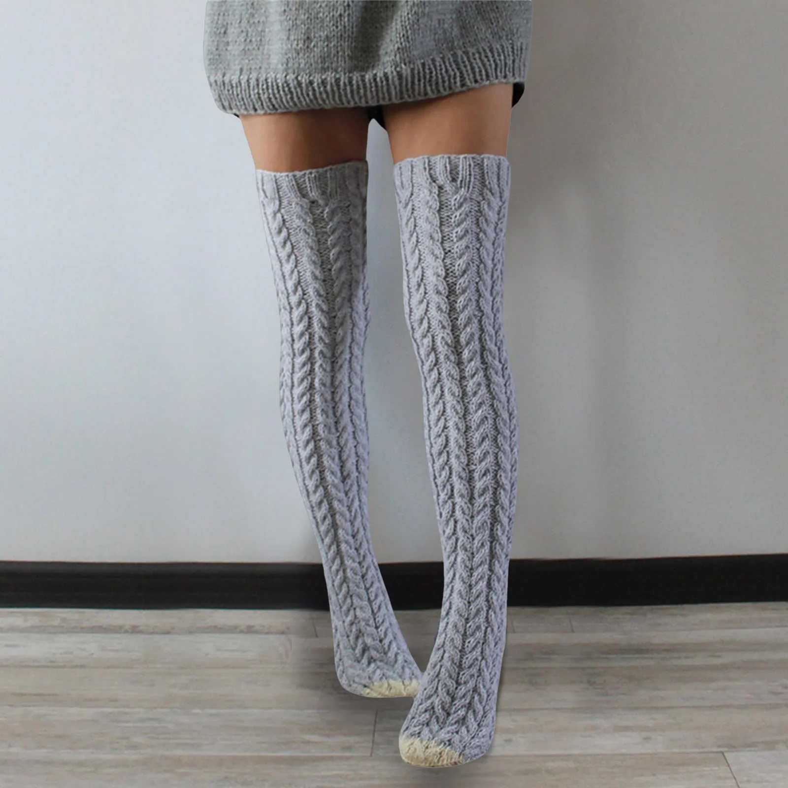 

Designer Stockings for Women Women's Cable Knitted Thigh High Stocking with Silicone Slipper Socks for Women Grippers Fuzzy