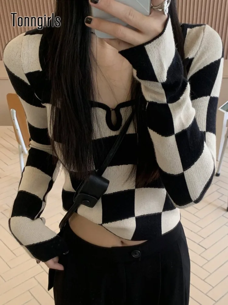 Трикотажная футболка Tonngirls женские клетчатые Топы с длинным рукавом и квадратным