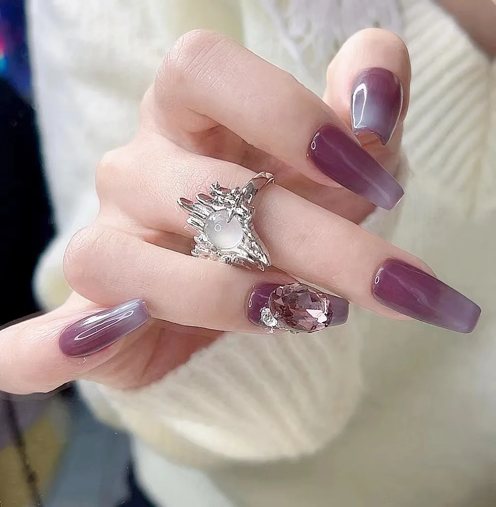 12 Pieces/Box Luxury Handmade Custom Premium Design Grape Purple With Diamond Premium Hand-Painted Shiny Female Fake Nail enlarge
