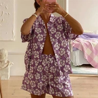 casual women tracksuit purple floral shorts sets lounge wear short sleeve shirt tops and high waist mini shorts two piece set