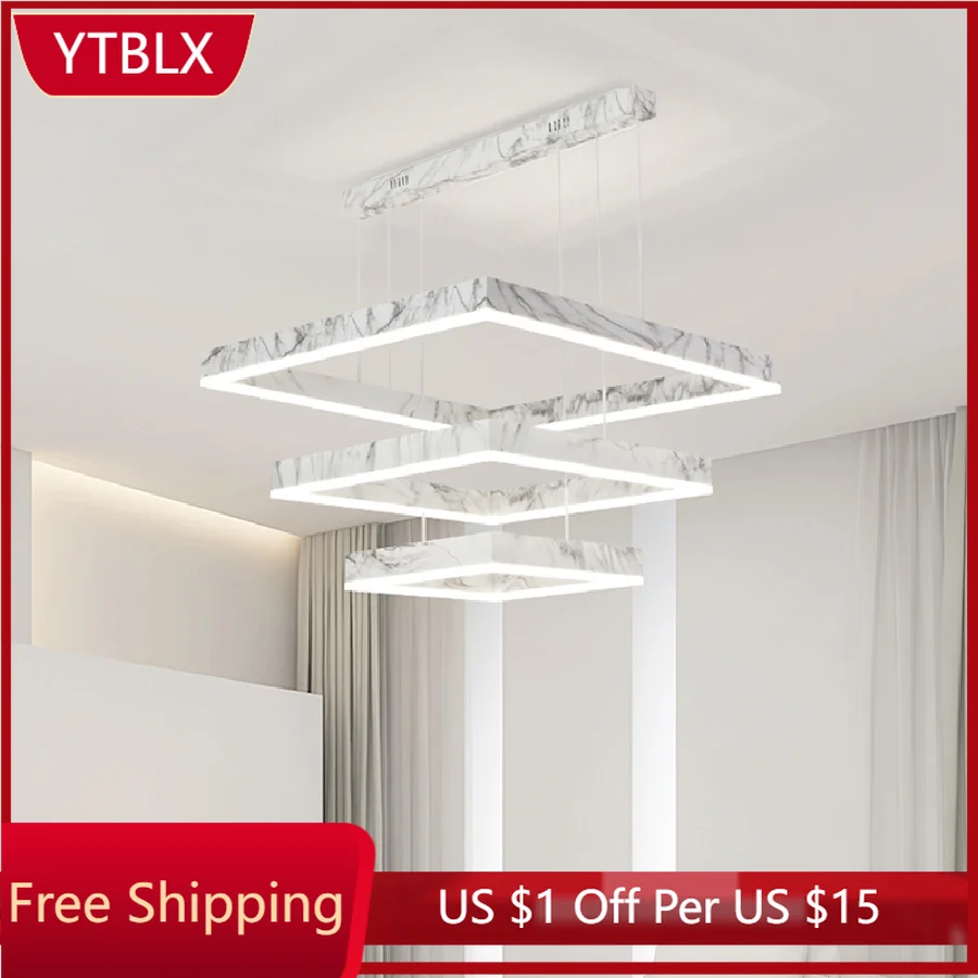 

Nordic Minimalist Imitation Marble Texture Living Room Chandelier Interi White Square Pendant Lamp Kitchen Long Hanging Light