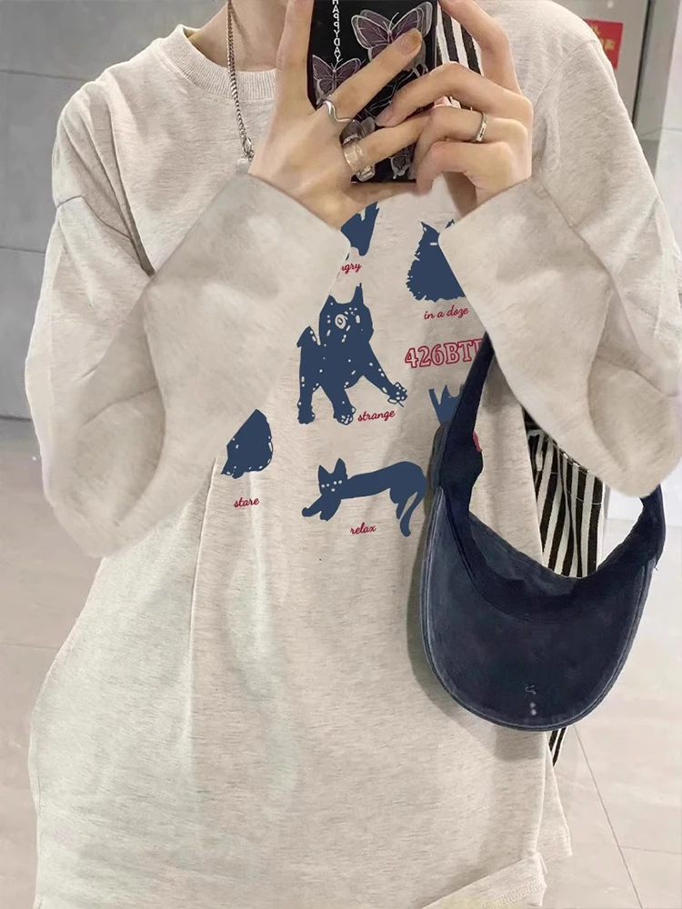 Женская футболка с длинными рукавами и принтом котенка из чистого хлопка Новое