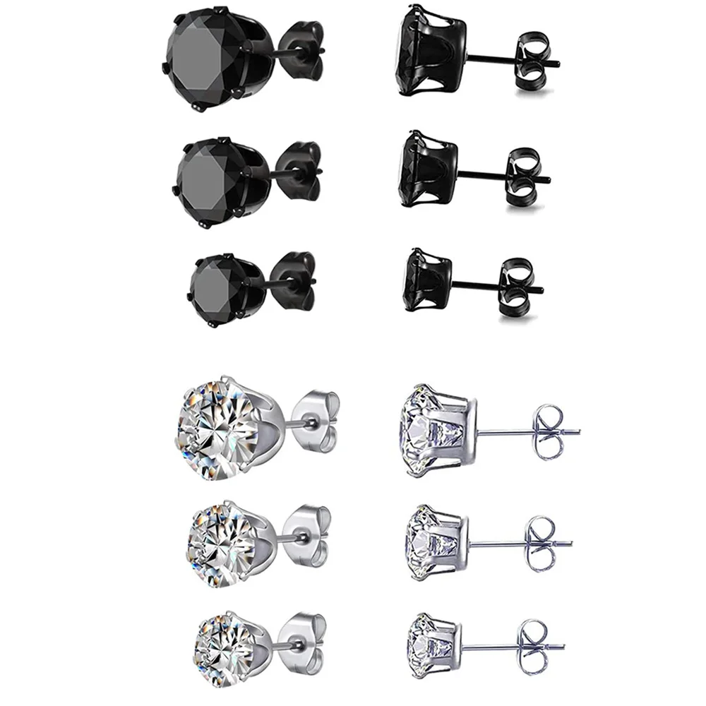 

6 Pair Stainless Steel Mens Womens Stud Earrings Set Black and Clear Round Cubic Zirconia Inlaid Pierced Hypoallergenic 3-5mm