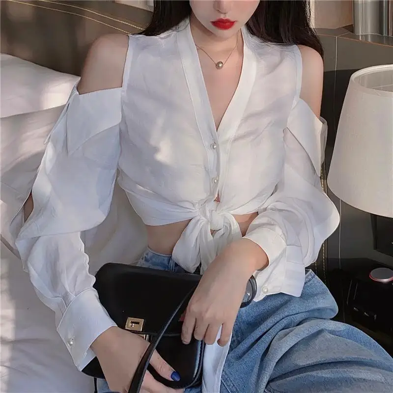 

Deeptown Sexy White Women Blouses Elegant Cropped Tops Off Shoulder Y2k Streetwear Korean Fashion Black V-neck Shirts Hotsweet