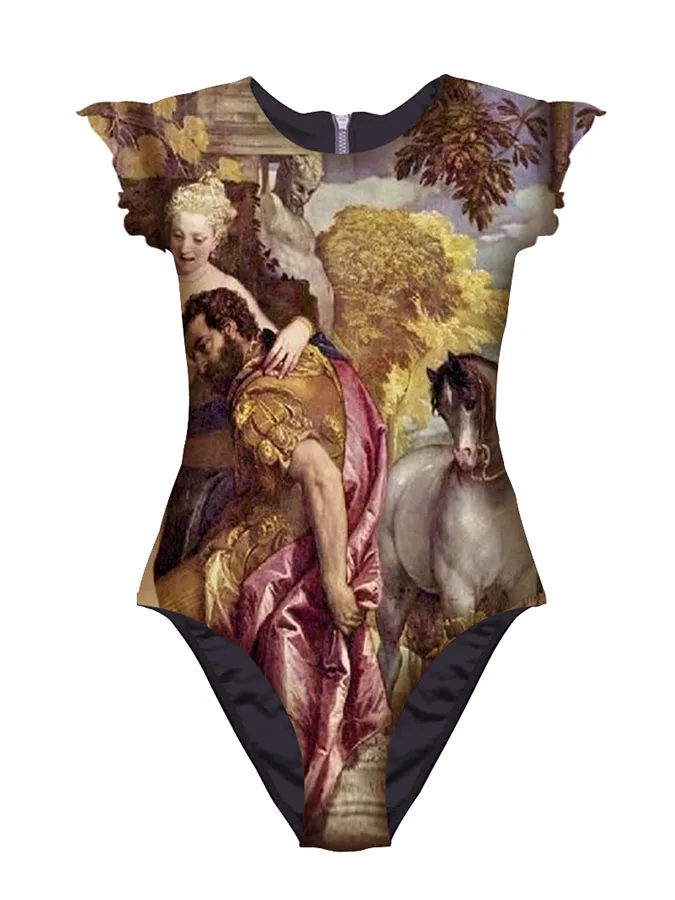 

2023 Women's Fashion Purple Printed Vintage Style One Piece Swimsuit Comfortable Elegant Beachwear Bikini And Cover Up