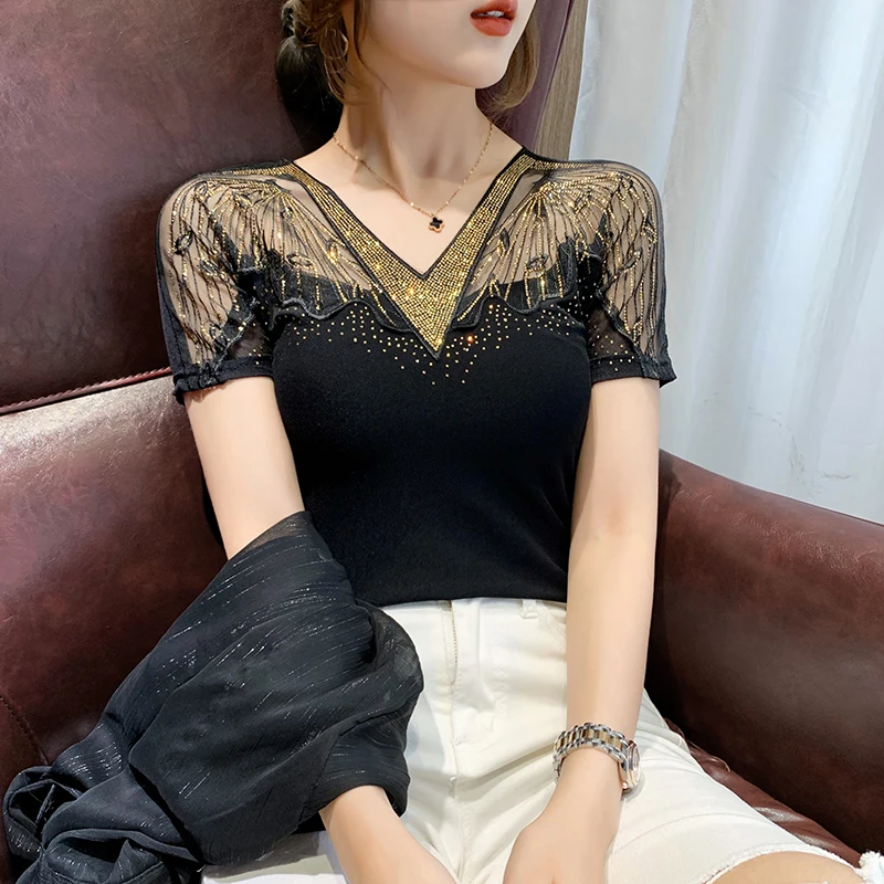 

Summer New Mesh Hollow Out V-neck Short Sleeve Women T-shirts Heavy Process Hot Drilling Slim Fit Tops Female Large Size Tees