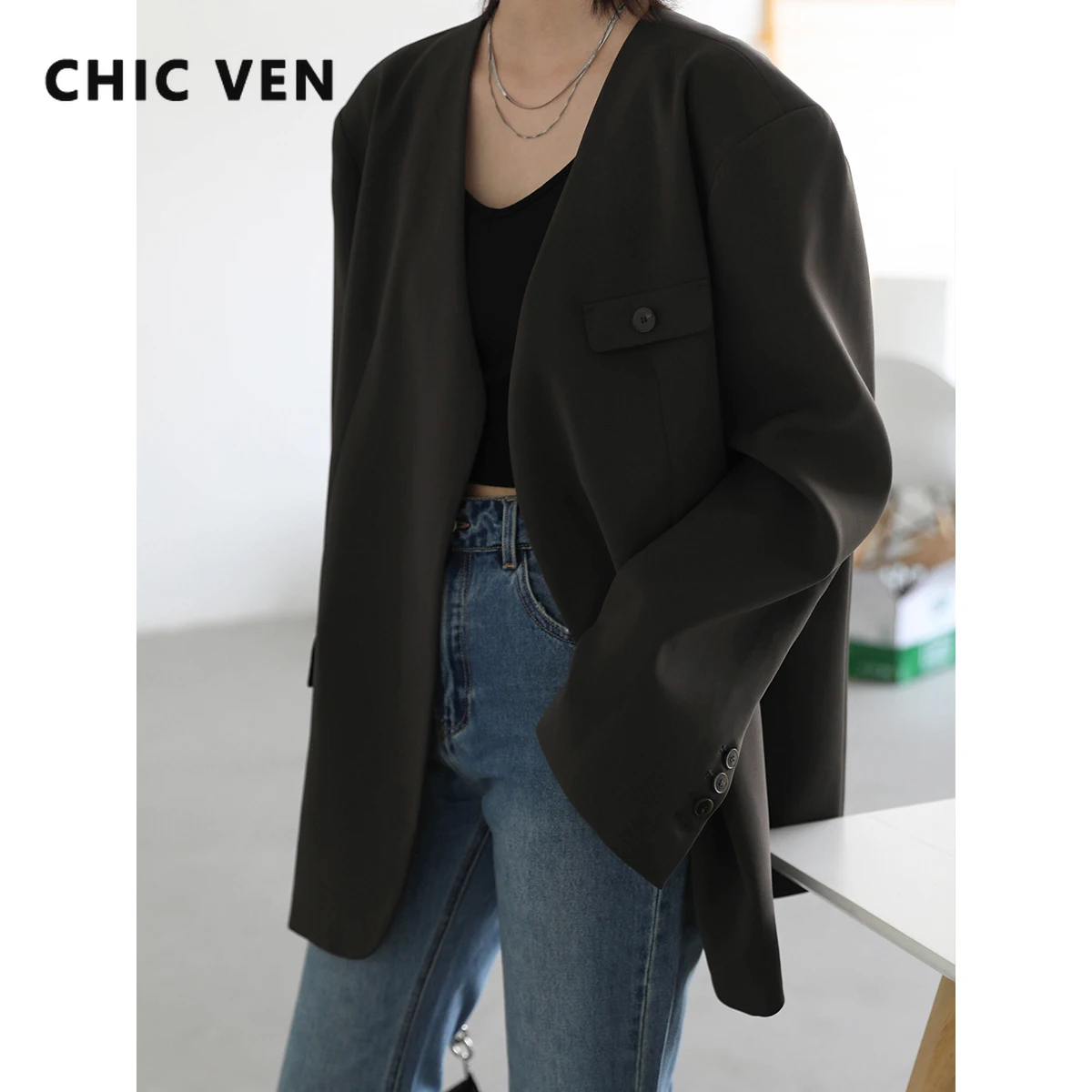 CHIC VEN Women's Blazers Solid Loose Casual V-neck Buttonless Split Long Sleeve Suit Coat Female Office Lady Spring Autumn 2022