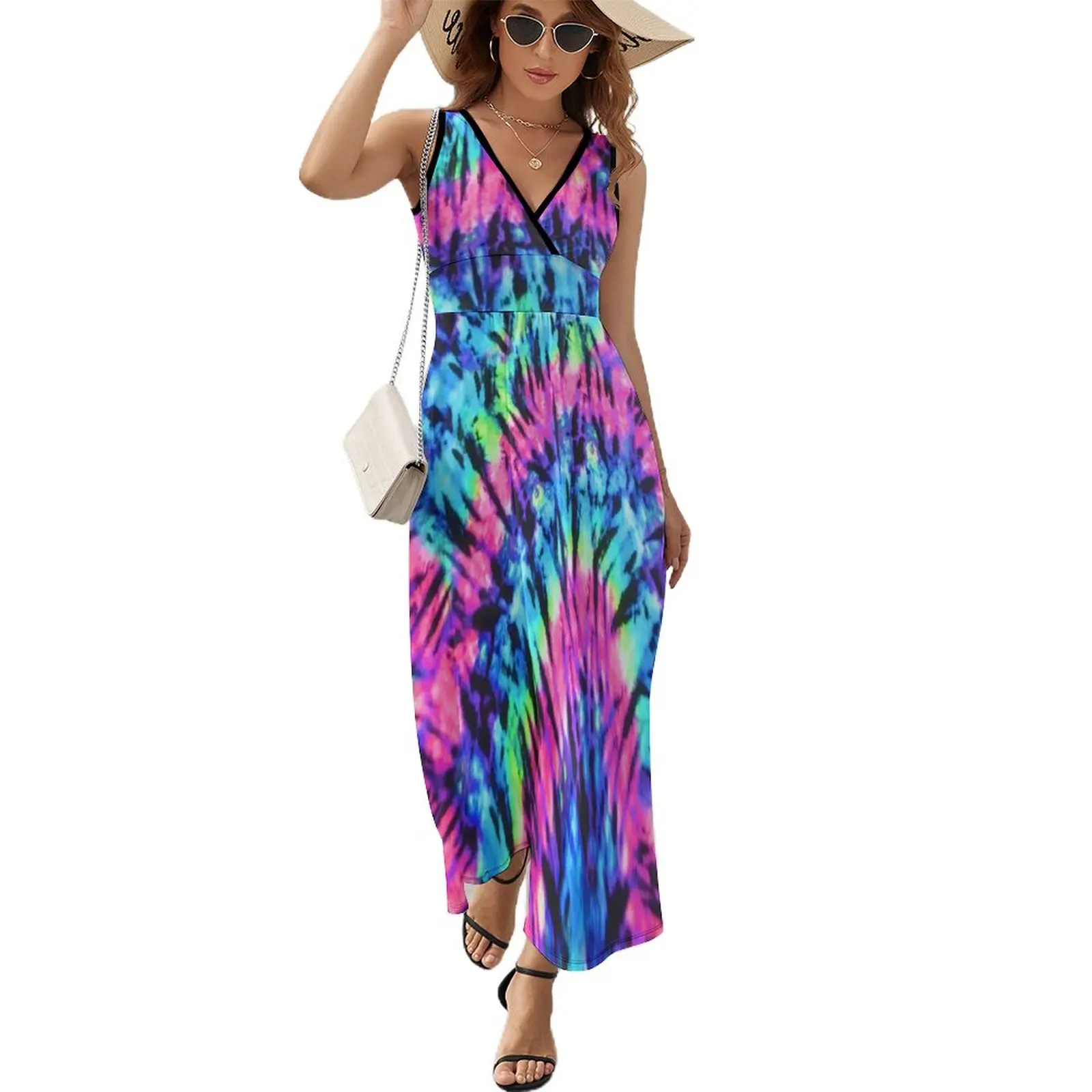 

Funny Tie Dye Dress Colorful Print Art Modern Maxi Dress Sleeveless Korean Fashion Bohemia Long Dresses V Neck Print Clothing