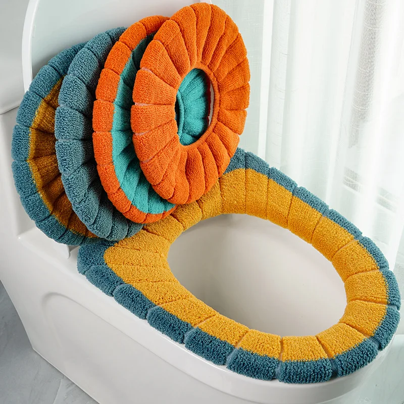 

Winter Warm Toilet Seat Cover Washable Bathroom Toilet Pad Cushion With Handle Thicker Soft Mat Knitting Warmer Closestool Mat
