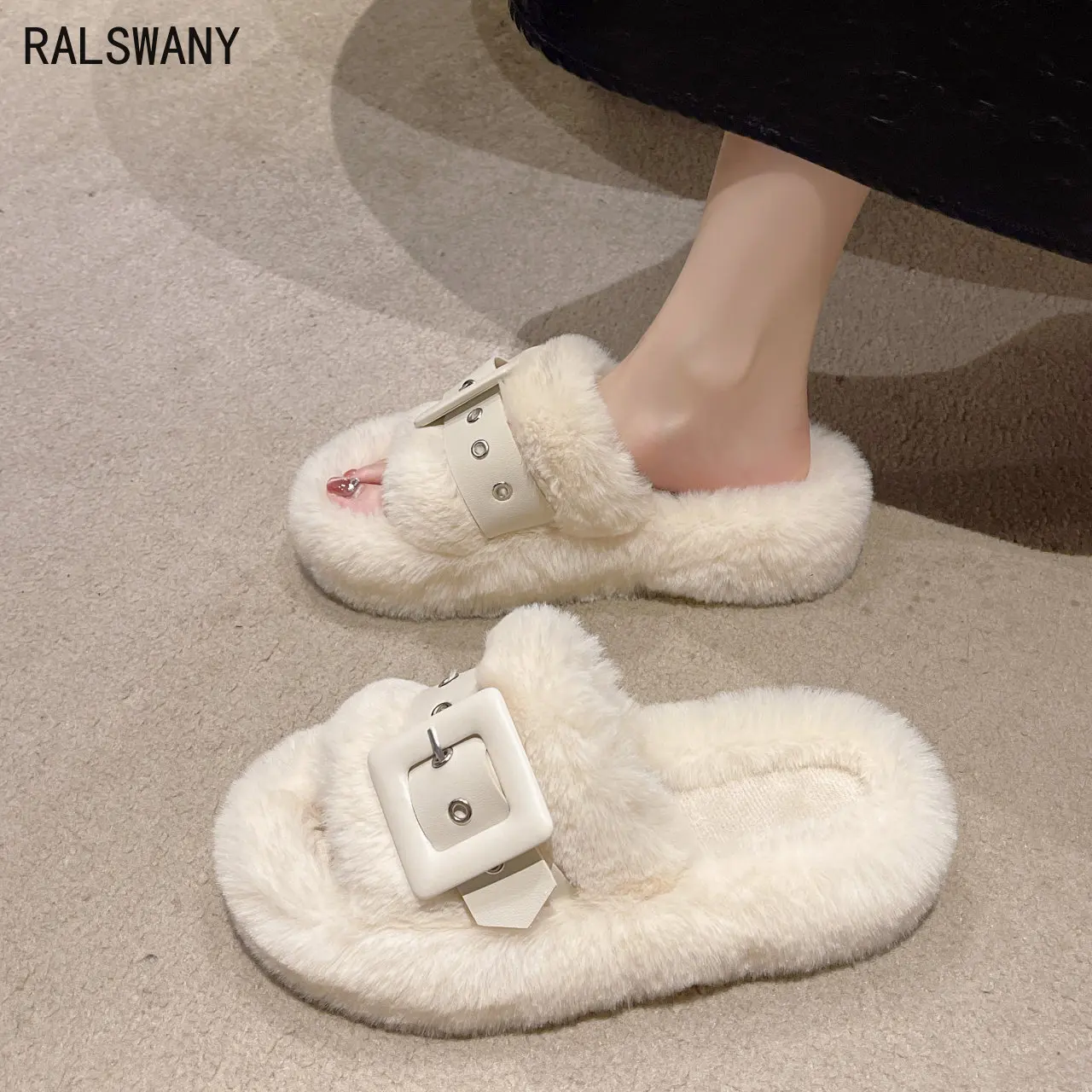 Concise Women's Flat Slippers with Faux Fur Soft Home Cotton Shoes 2023 New Arrival Warm Slippers Women Med (3cm-5cm)