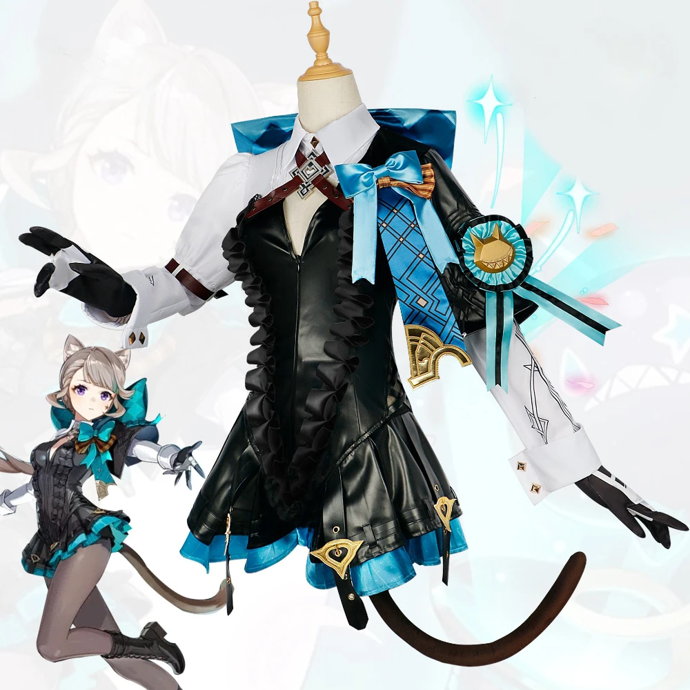 

Костюм для косплея Genshin Impact Lynette, парик Фонтейн, кожаный костюм для косплея, Униформа, платье, юбка с ушами, перчатка, наряд, волшебник