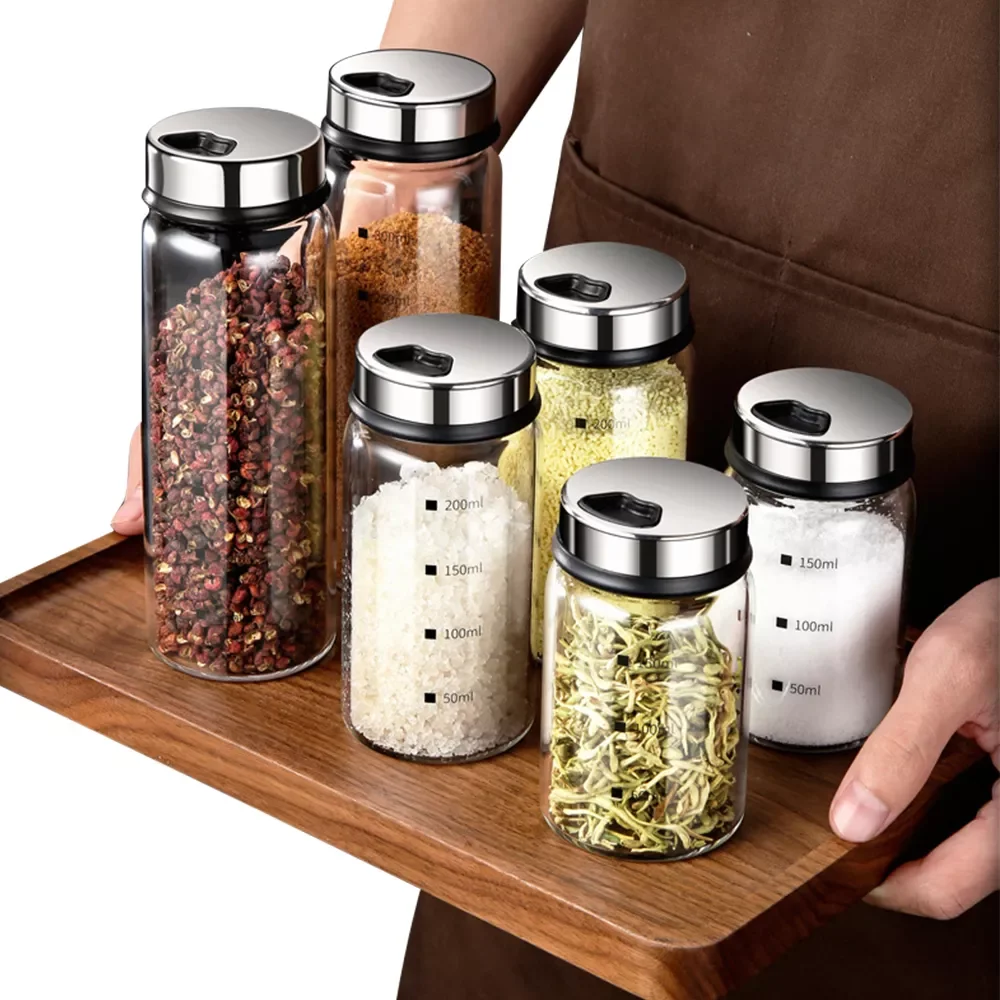 

2022New Stainless Steel Spice Jar Lid Glass Pepper Shaker Bottle Outlets Seasoning Condiment Storage Bottle Kitchen Gadgets Spic