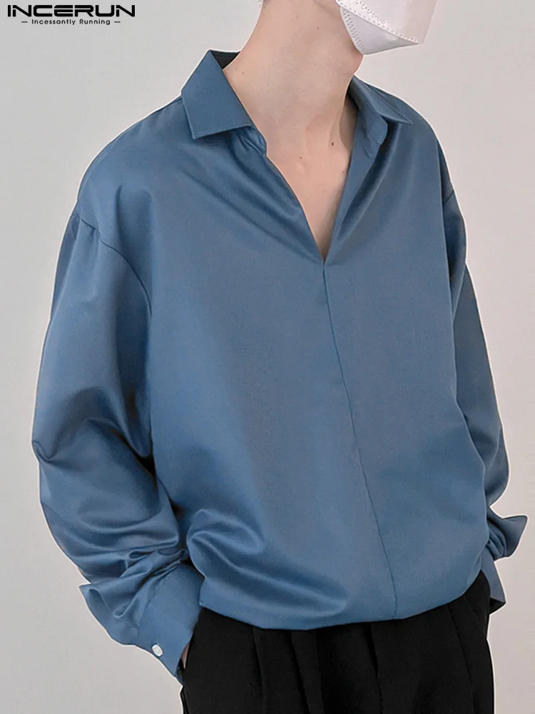 

Casual Simple Style Men's Solid Blouse Fashion All-match Male Loose Lapel Buttonless Long Sleeve Shirts S-5XL INCERUN Tops 2022