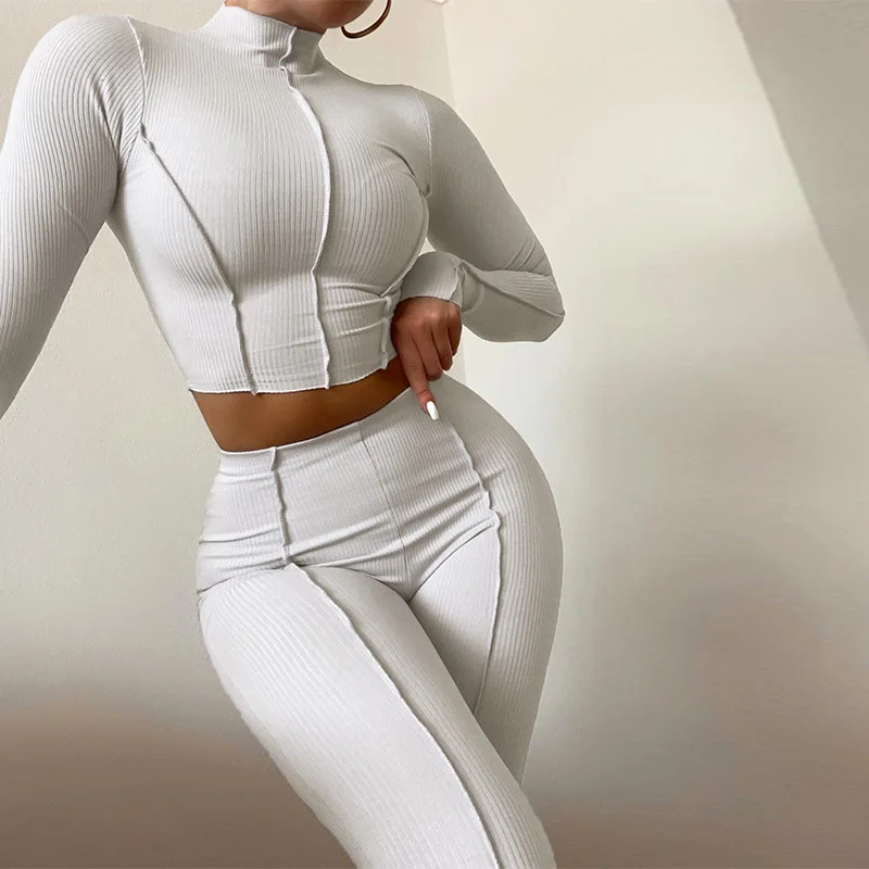 

2PCS Suit Summer Solid Half High Collar Short Top Full Pants Streetwear Set2022 Women High Waist Slim Breathable Leisure Sports