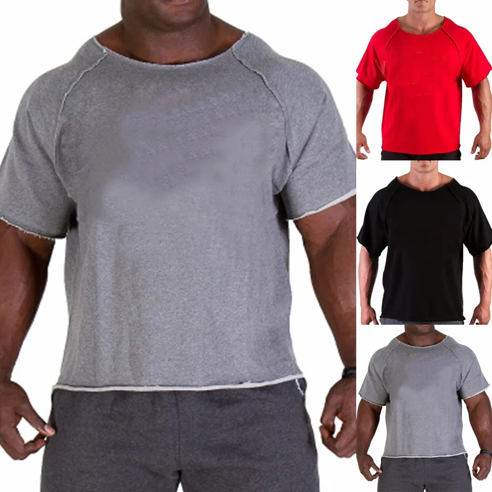 

Mens Cotton Casual T-Shirts Fitness Men Bodybuilding Shirt Batwing Sleeve Rag Shirt Gym Wear Muscle Running T-shirt Crew Neck