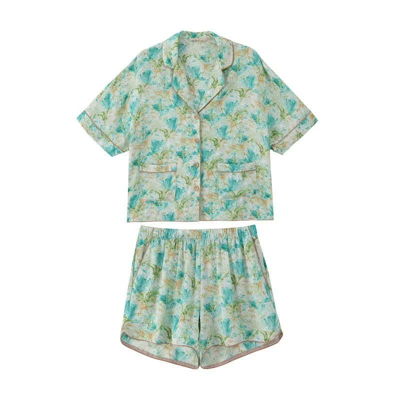 pajamas women's printed short-sleeved shorts suit high-quality two piece set summer silk sleepwear set
