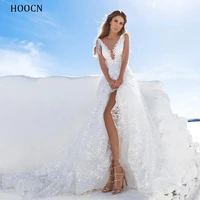herburnl v neck romantic wedding dress fashion 2022 high slit floor length delicate beaded lace appliques bride backless tassel