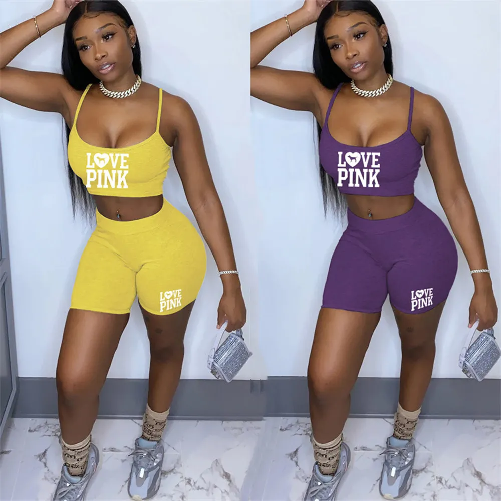 

FAGADOER Fashion Sleeveless Suspenders Tracksuits Women PINK Letter Print Crop Top and Shorts Two Piece Casual Sport 2pcs Suits