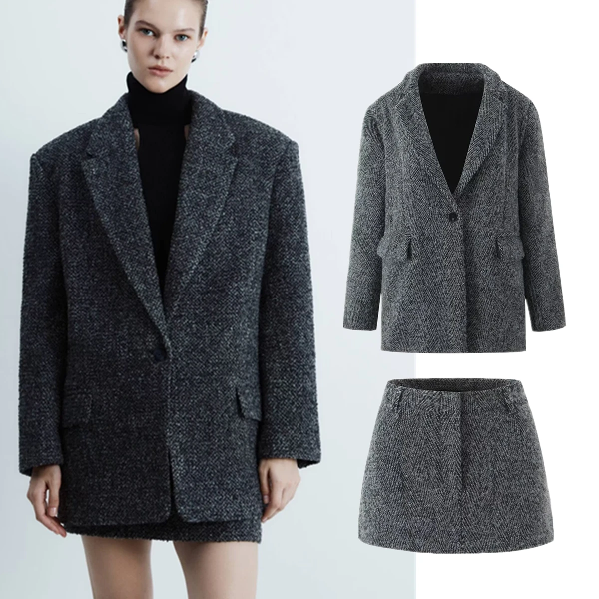 Dave&ampDi Минималистичный британский шерстяной пиджак в форме плеч мини-юбка