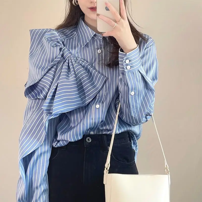 

Woman Casual Long Sleeve Buttoned Up Shirt Female Loose Casual Blouse Chiffon Shirts Ladies Stripe Print Elegant Blouses G325