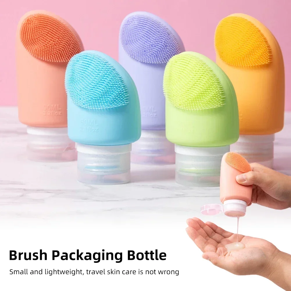 60/90ml Soft Silicone Sample Container Empty Lotion Squeeze Tube For Facial Cleanser Shower Gel Refillable Bottles With Brush