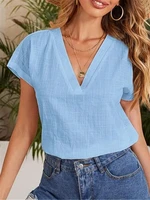 2022 summer casual cotton linen blouse solid color white blue v neck short sleeve loose shirt