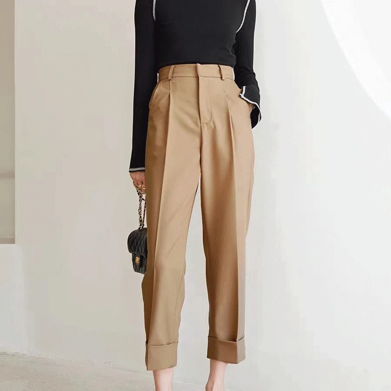 Spring and Summer New Commuter Straight-leg Suit Pants with Rolled Edge Cropped Pants