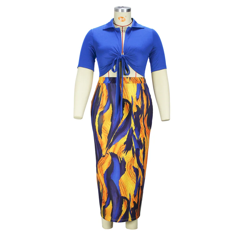 Plus Size Women Sets Bandage Blouse Shirts And Print Dresses 2022 Summer Two Piece Set Fashion Female Bodycon Wholesale Clothes