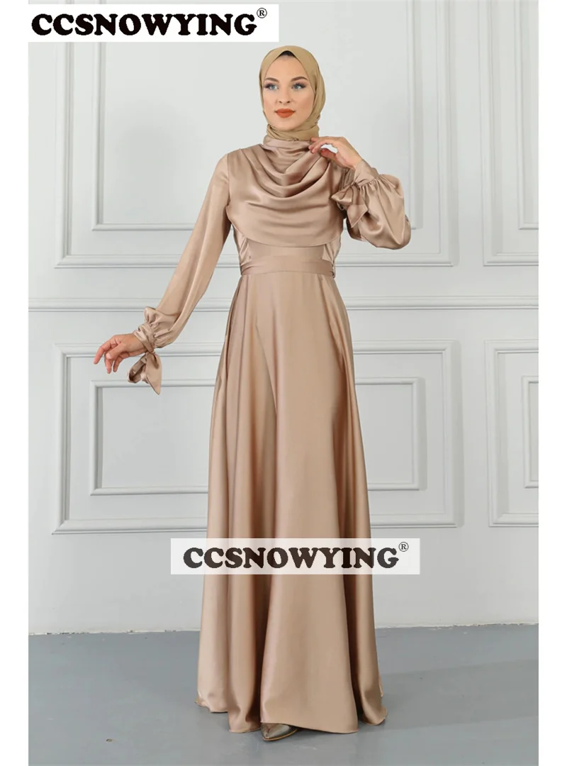 

Tie A Bow At The Cuffs Muslim Evening Dresses Long Sleeve Islamic Formal Party Gowns High Neck Women Arabic Robes De Soirée