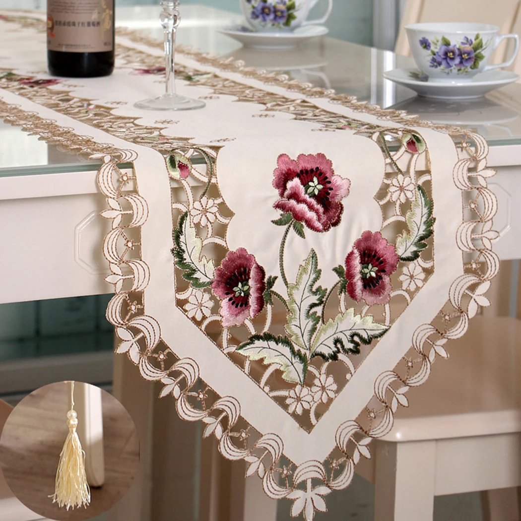 

Lace Table Runner Satin Fabric Embroidered Tablecloth Wedding Valentine Day Home Decor French Country Themed Home Decoration