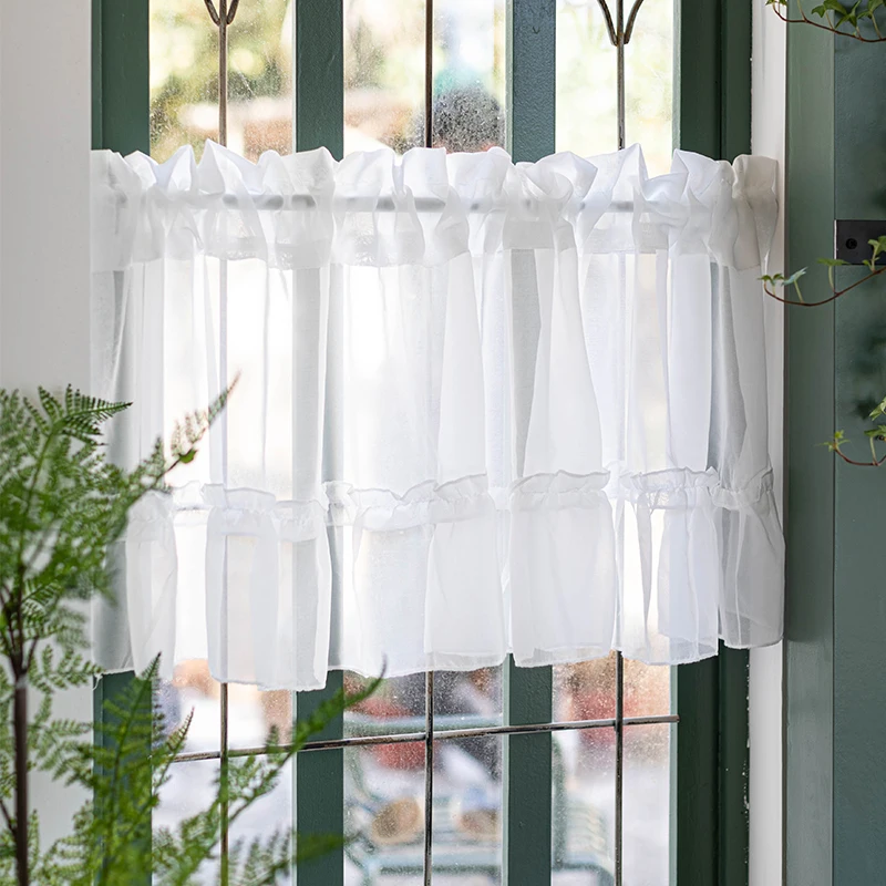 

White Short Curtains for Kitchen Door Bathroom Sheer Curtain Elegant Window Valance Screen Decor Korean Drapes with Ruffles