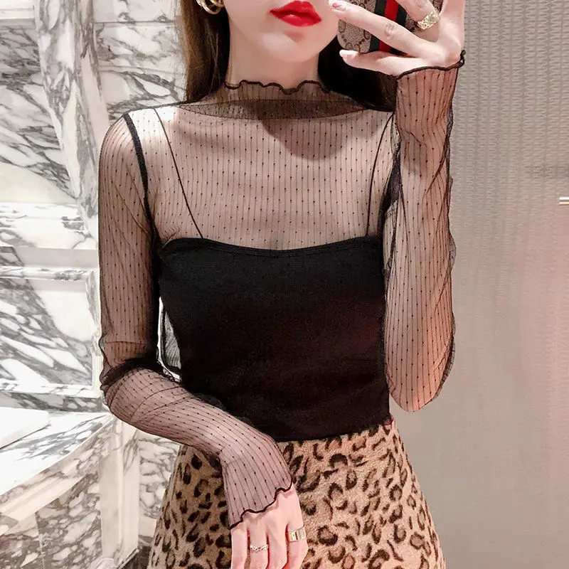 

Korean Fashion Mesh T-shirts Women Vintage Lace Transparent Tops for Women Silm White Transparent Office Lady Long Sleeve Shirts