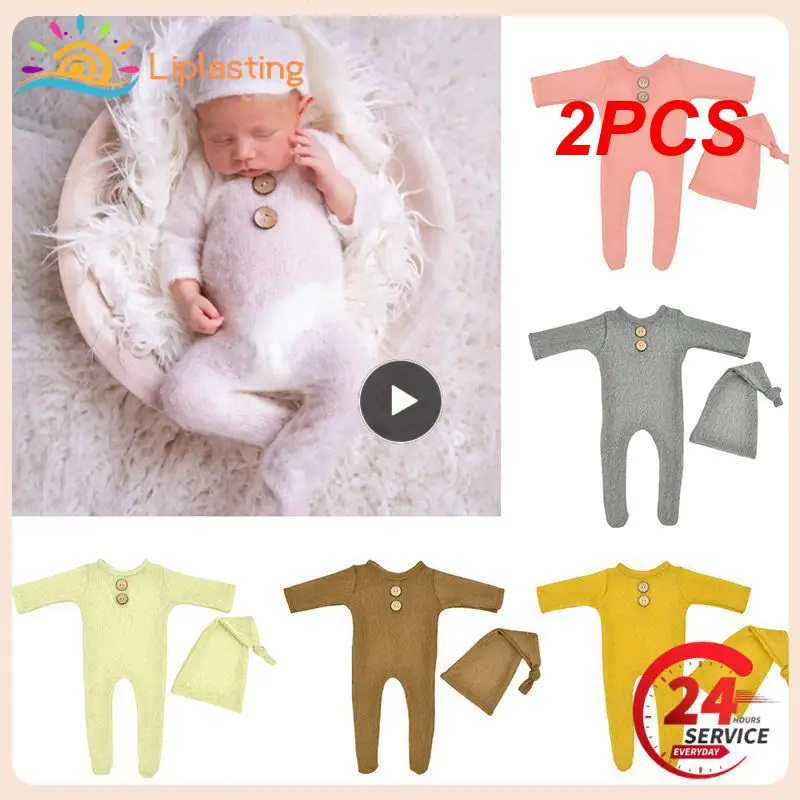 

2PCS Mohair Baby Romper Hat Set Newborn Photography Props Knitted Wool Bodysuit Long Tail Kit Infants Photo Shooting